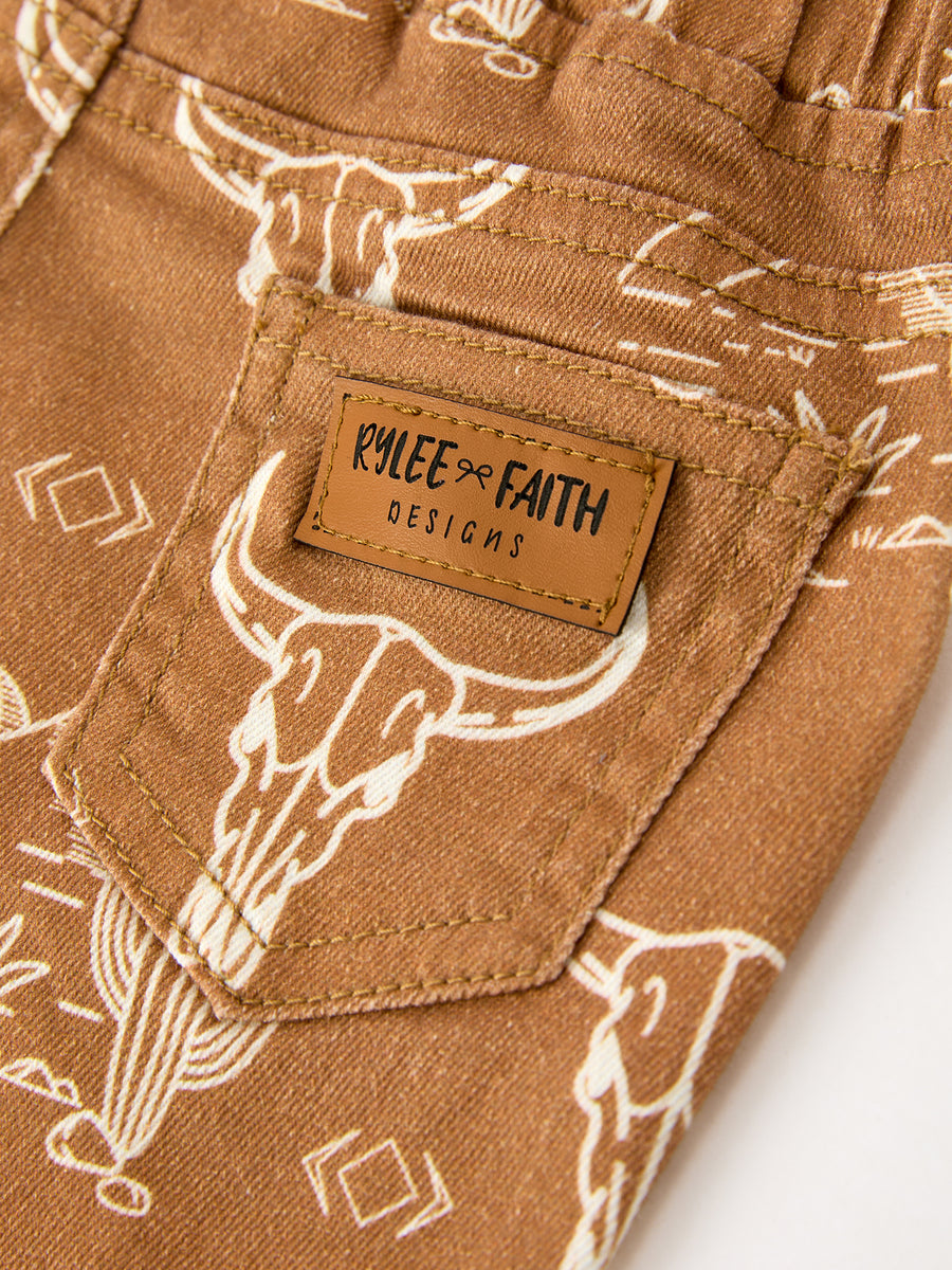 Girls Western Desert Print Brown Denim Bell Bottom Pants