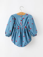 Valentine’s Day Baby Girls Heart Embroidered Denim Bubble Romper
