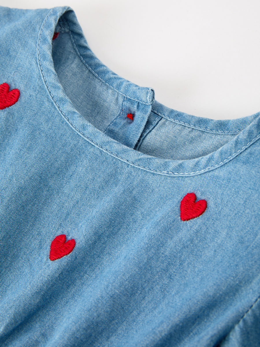Valentine’s Day Baby Girls Heart Embroidered Denim Bubble Romper