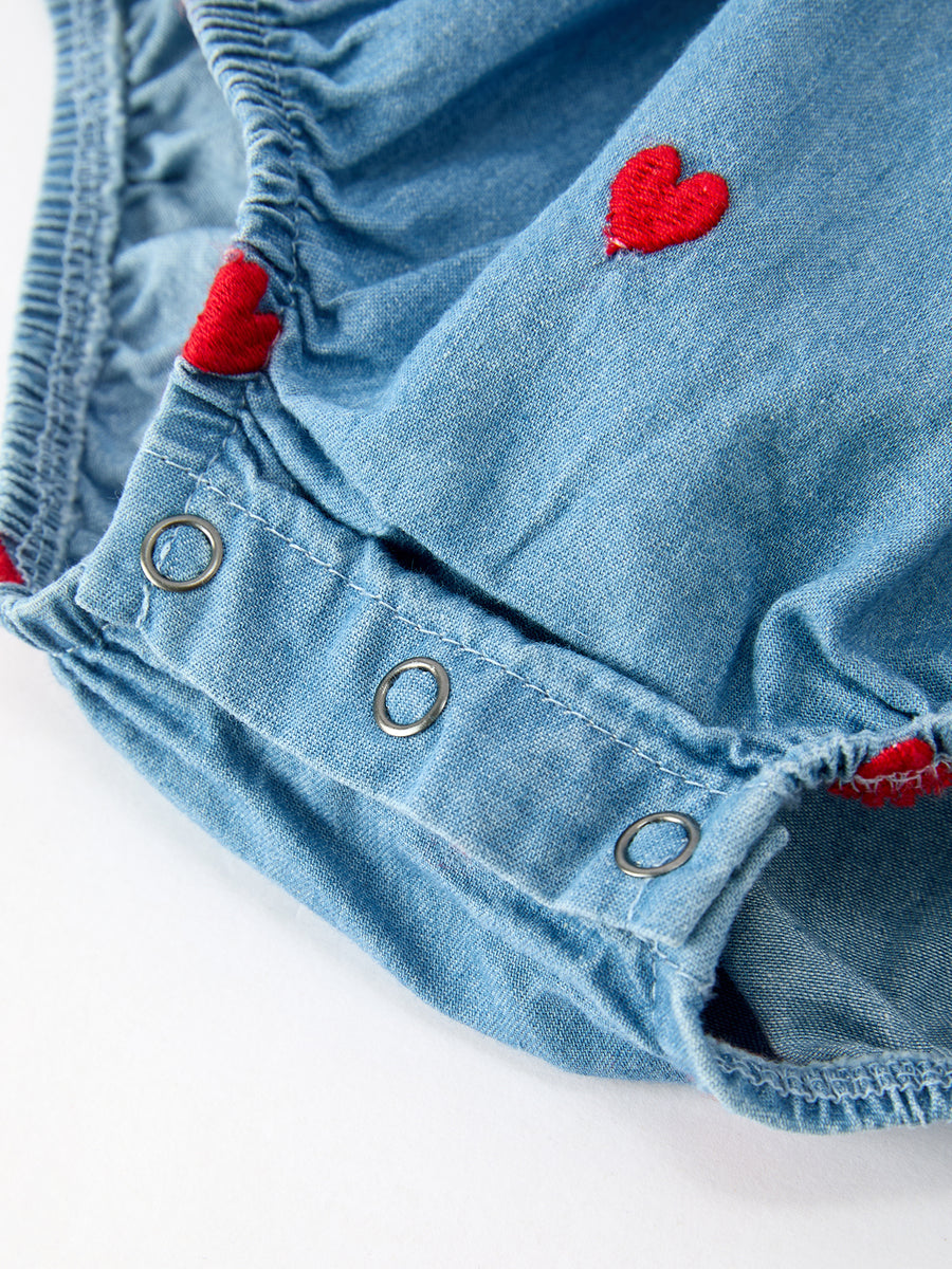 Valentine’s Day Baby Girls Heart Embroidered Denim Bubble Romper