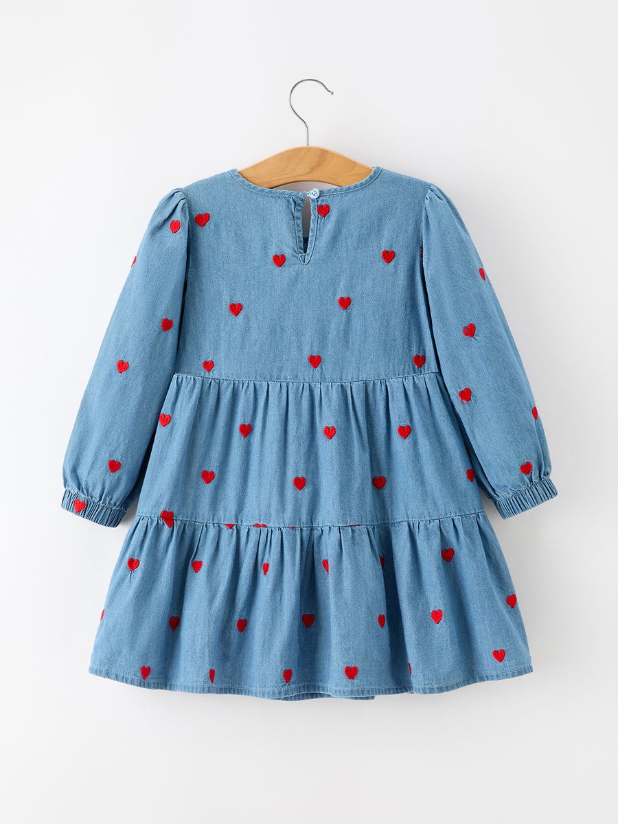 Valentine Girls Heart Embroidered Denim Dress