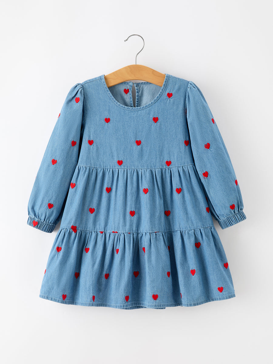 Valentine Girls Heart Embroidered Denim Dress