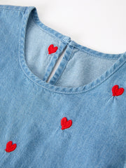 Valentine Girls Heart Embroidered Denim Dress