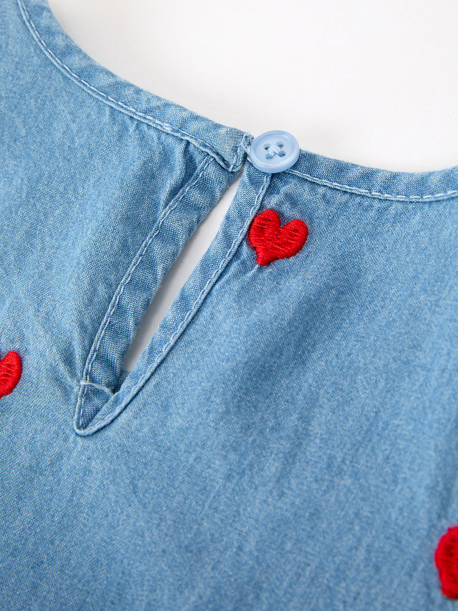 Valentine Girls Heart Embroidered Denim Dress