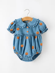 Fall Pumpkin Embroidered Baby Girl Denim Bubble Romper