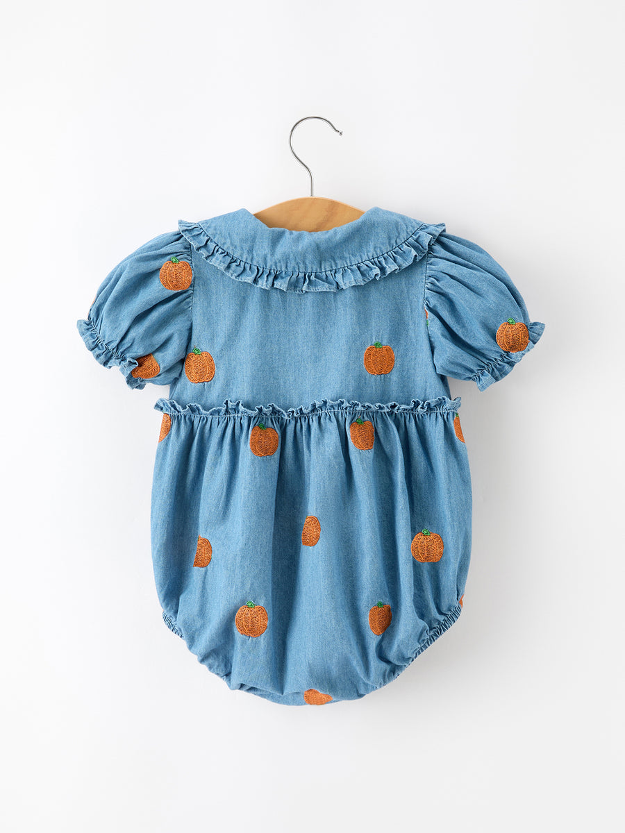 Fall Pumpkin Embroidered Baby Girl Denim Bubble Romper