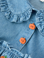 Fall Pumpkin Embroidered Baby Girl Denim Bubble Romper