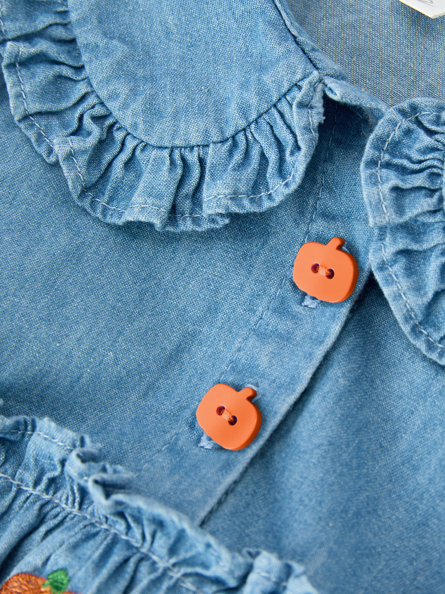 Fall Pumpkin Embroidered Baby Girl Denim Bubble Romper