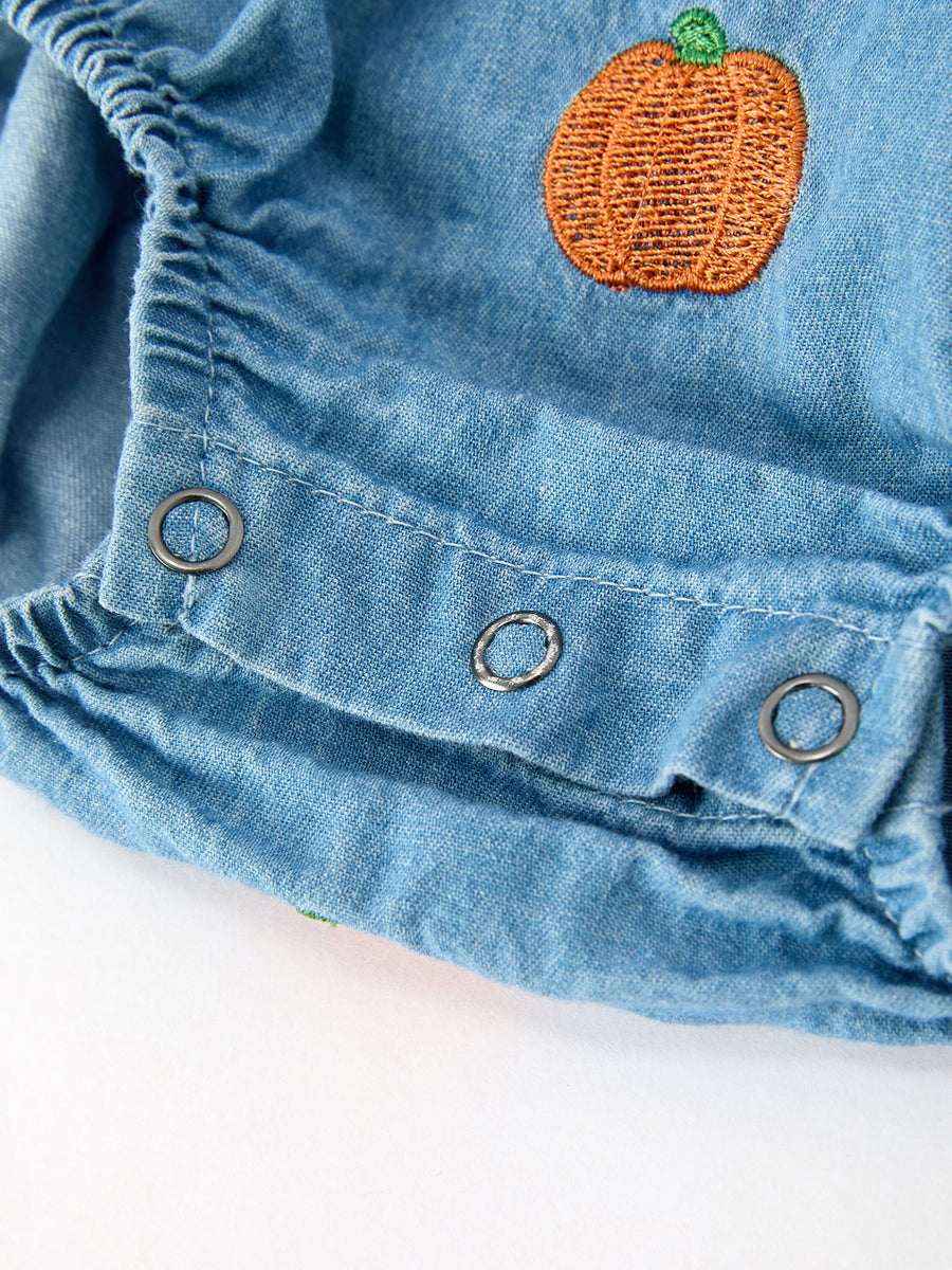 Fall Pumpkin Embroidered Baby Girl Denim Bubble Romper