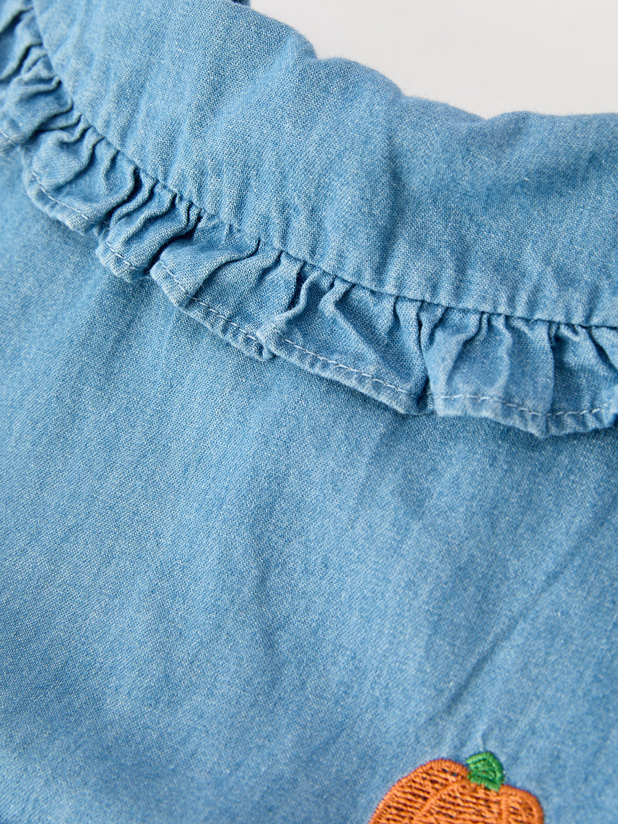 Fall Pumpkin Embroidered Baby Girl Denim Bubble Romper