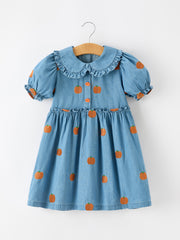 Fall Pumpkin Embroidered Girls Denim Dress with Ruffle Collar