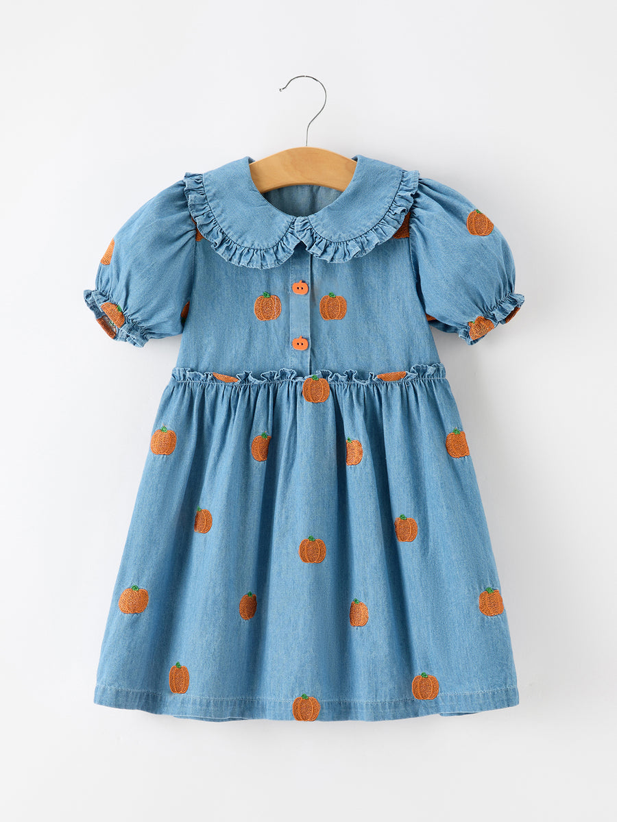 Fall Pumpkin Embroidered Girls Denim Dress with Ruffle Collar