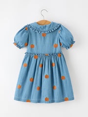 Fall Pumpkin Embroidered Girls Denim Dress with Ruffle Collar