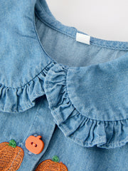 Fall Pumpkin Embroidered Girls Denim Dress with Ruffle Collar