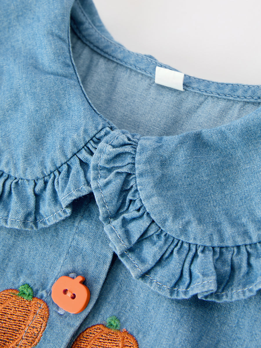 Fall Pumpkin Embroidered Girls Denim Dress with Ruffle Collar