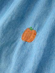 Fall Pumpkin Embroidered Girls Denim Dress with Ruffle Collar