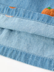 Fall Pumpkin Embroidered Girls Denim Dress with Ruffle Collar