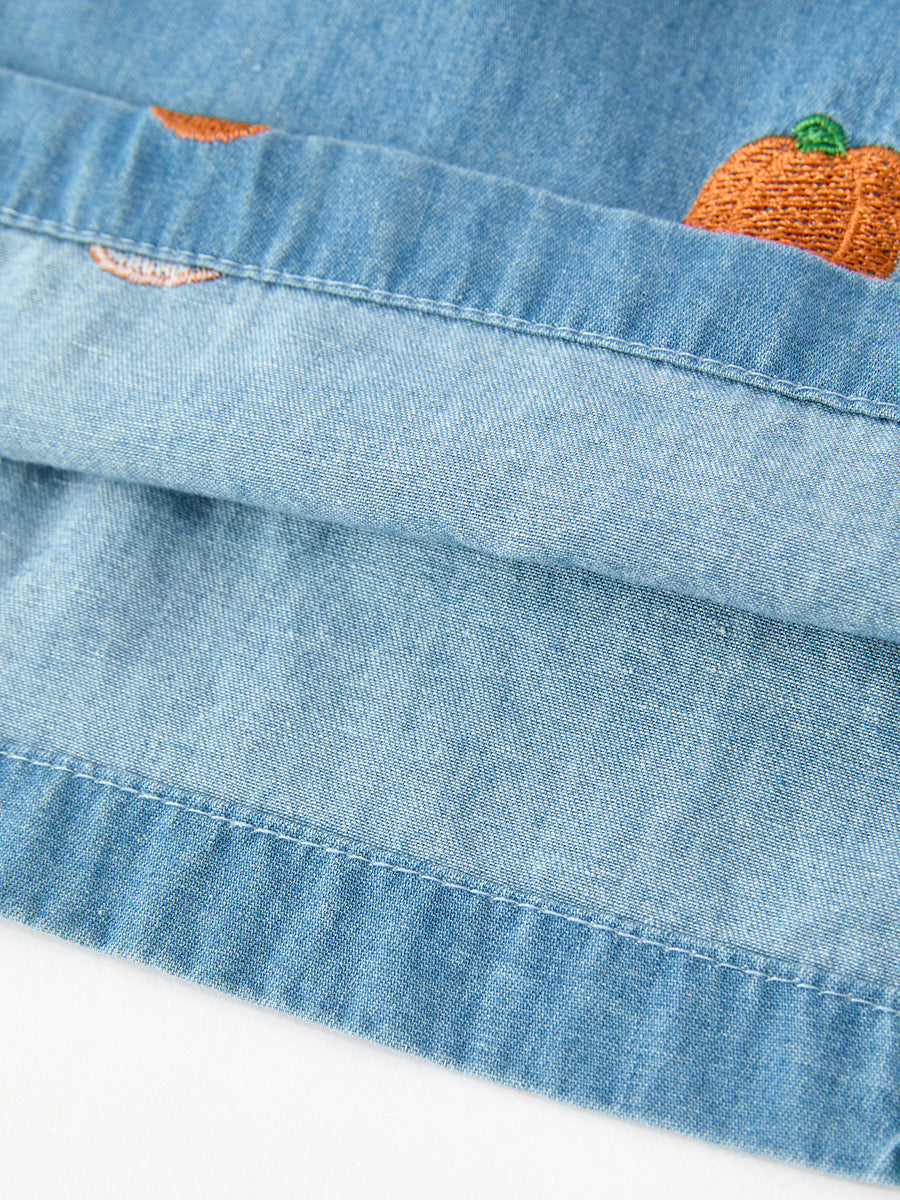 Fall Pumpkin Embroidered Girls Denim Dress with Ruffle Collar