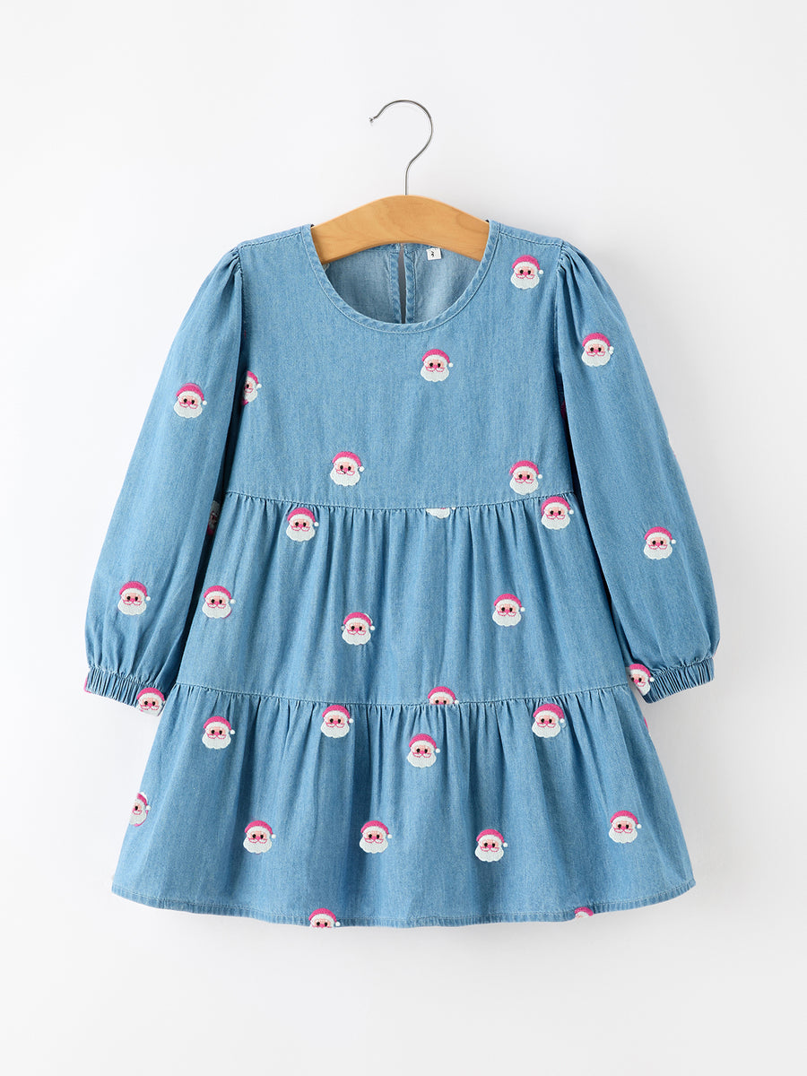 Christmas Santa Embroidered Girls Denim Dress
