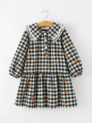 Halloween and Thanksgiving Pumpkin Plaid Girls Long Sleeve Ruffle Collar Dress