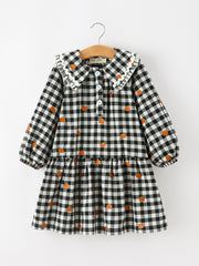 Halloween and Thanksgiving Pumpkin Plaid Girls Long Sleeve Ruffle Collar Dress