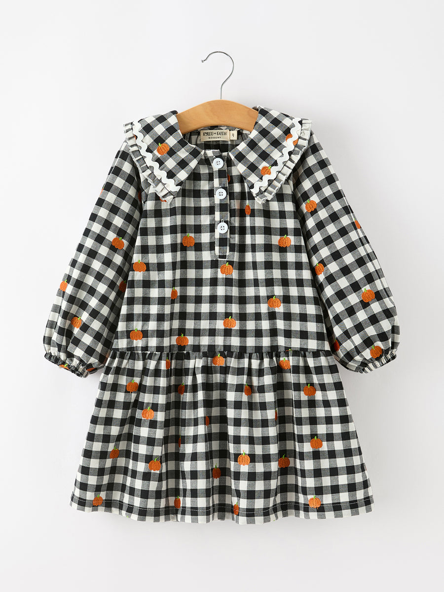 Halloween and Thanksgiving Pumpkin Plaid Girls Long Sleeve Ruffle Collar Dress
