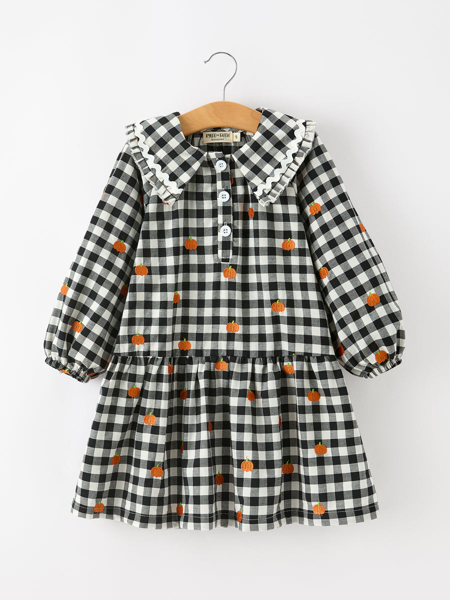 Halloween and Thanksgiving Pumpkin Plaid Girls Long Sleeve Ruffle Collar Dress