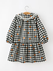 Halloween and Thanksgiving Pumpkin Plaid Girls Long Sleeve Ruffle Collar Dress