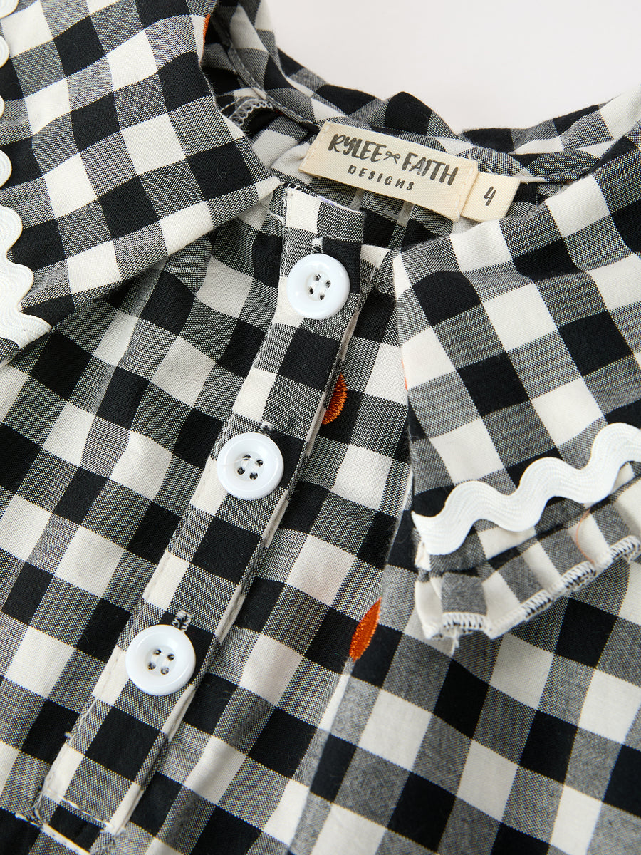 Halloween and Thanksgiving Pumpkin Plaid Girls Long Sleeve Ruffle Collar Dress