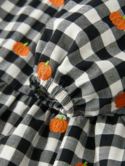 Halloween and Thanksgiving Pumpkin Plaid Girls Long Sleeve Ruffle Collar Dress