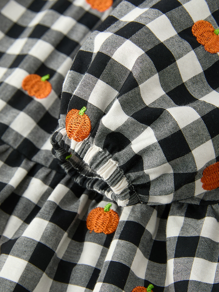 Halloween and Thanksgiving Pumpkin Plaid Girls Long Sleeve Ruffle Collar Dress