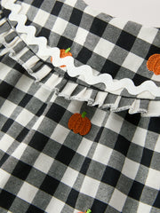 Halloween and Thanksgiving Pumpkin Plaid Girls Long Sleeve Ruffle Collar Dress
