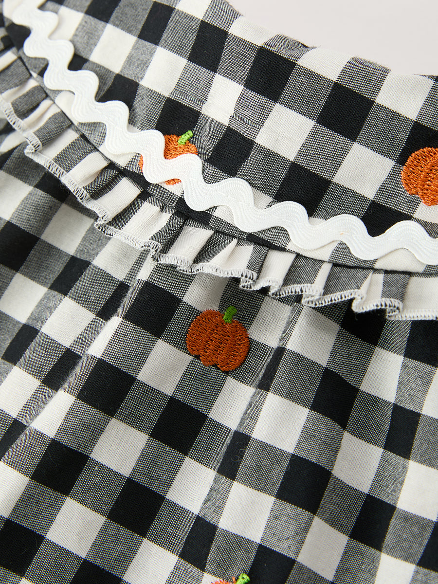 Halloween and Thanksgiving Pumpkin Plaid Girls Long Sleeve Ruffle Collar Dress