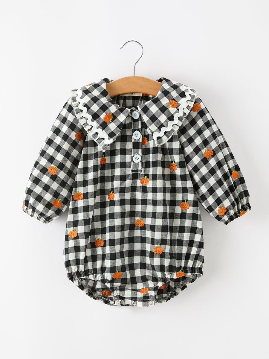 Baby Girls Halloween and Thanksgiving Pumpkin Embroidered Plaid Bubble Romper