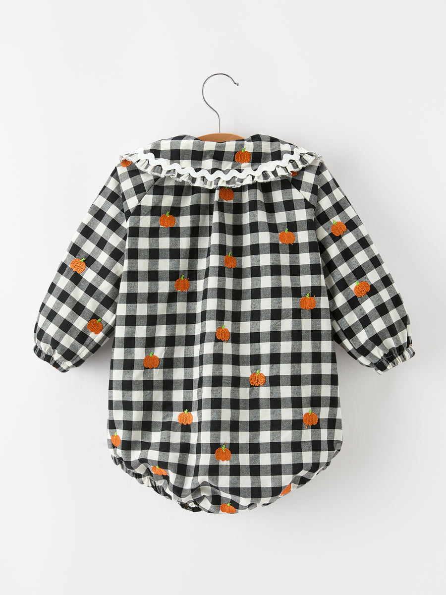 Baby Girls Halloween and Thanksgiving Pumpkin Embroidered Plaid Bubble Romper
