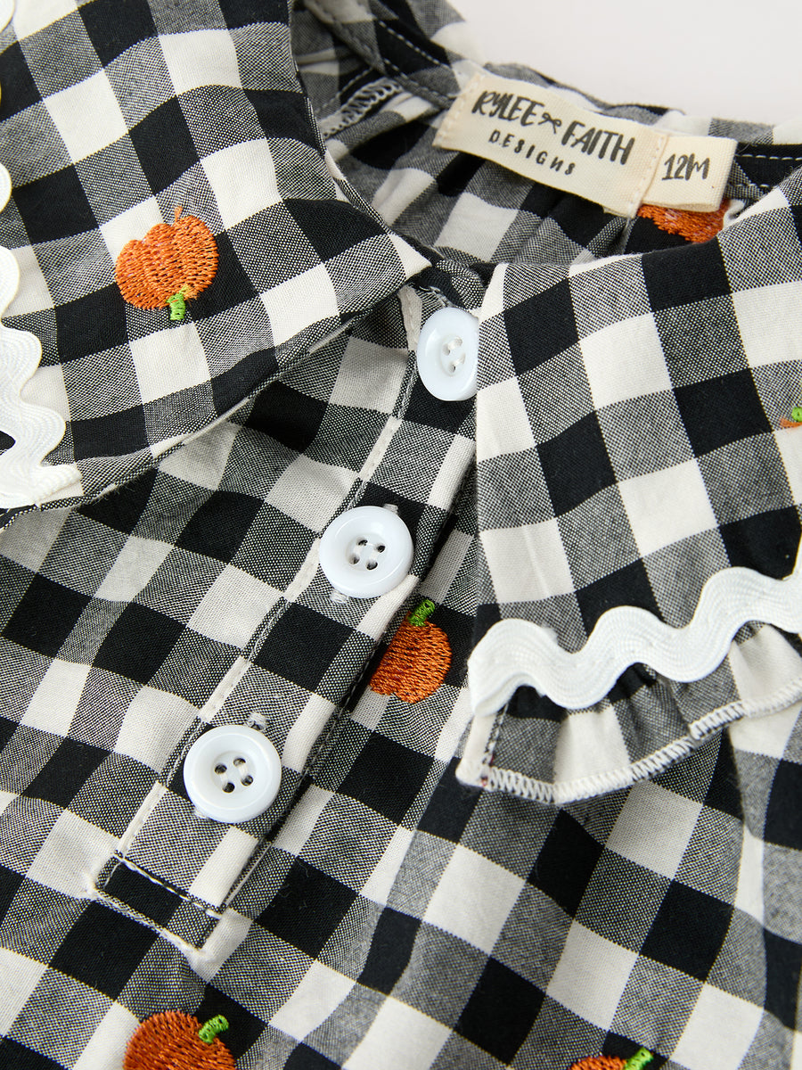 Baby Girls Halloween and Thanksgiving Pumpkin Embroidered Plaid Bubble Romper