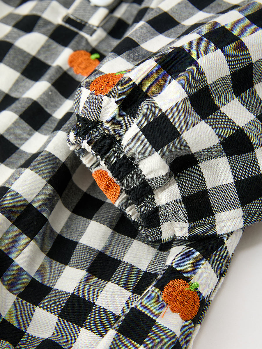 Baby Girls Halloween and Thanksgiving Pumpkin Embroidered Plaid Bubble Romper