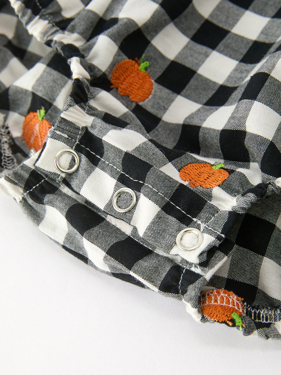 Baby Girls Halloween and Thanksgiving Pumpkin Embroidered Plaid Bubble Romper