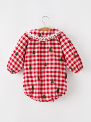 Christmas Tree Embroidered Red Plaid Baby Girls Ruffle Collar Romper