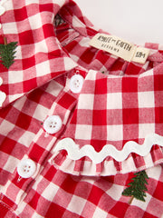 Christmas Tree Embroidered Red Plaid Baby Girls Ruffle Collar Romper