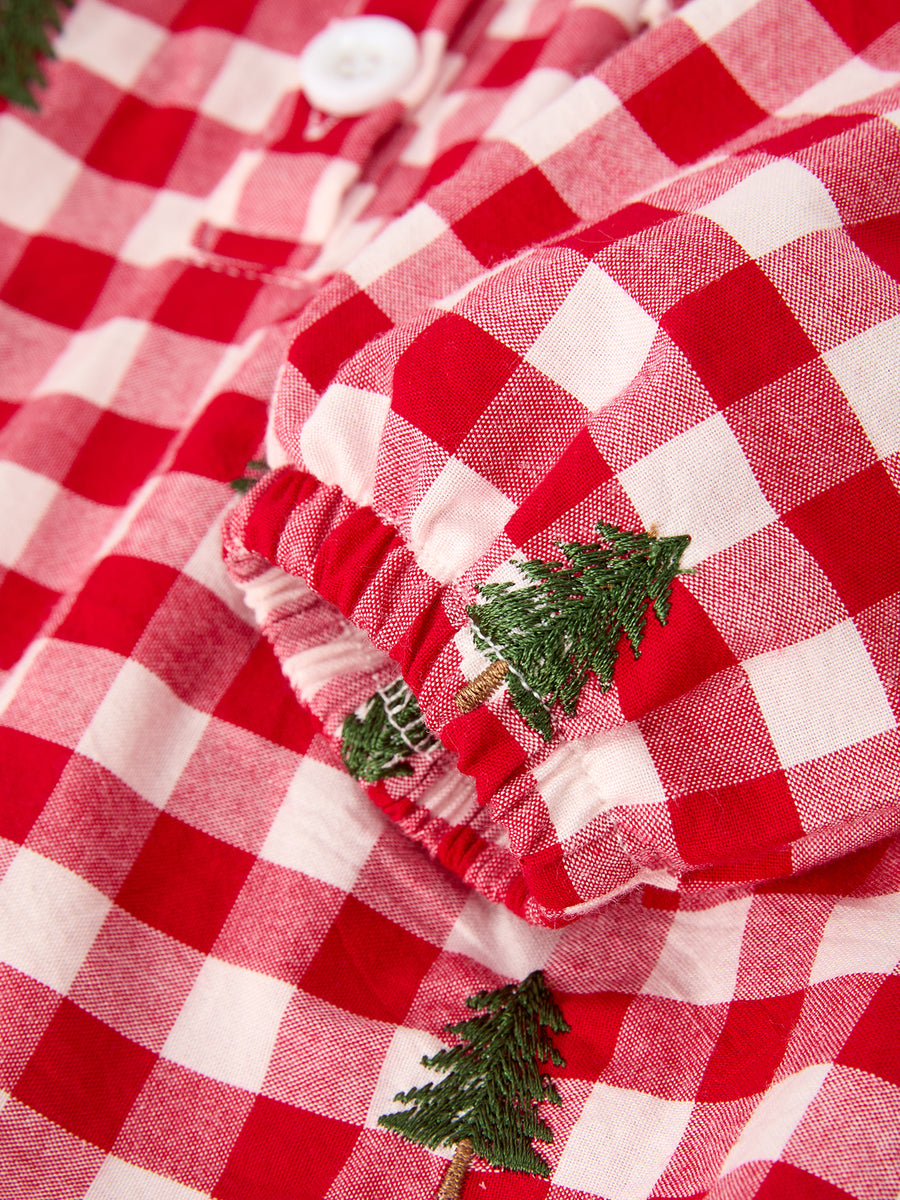 Christmas Tree Embroidered Red Plaid Baby Girls Ruffle Collar Romper