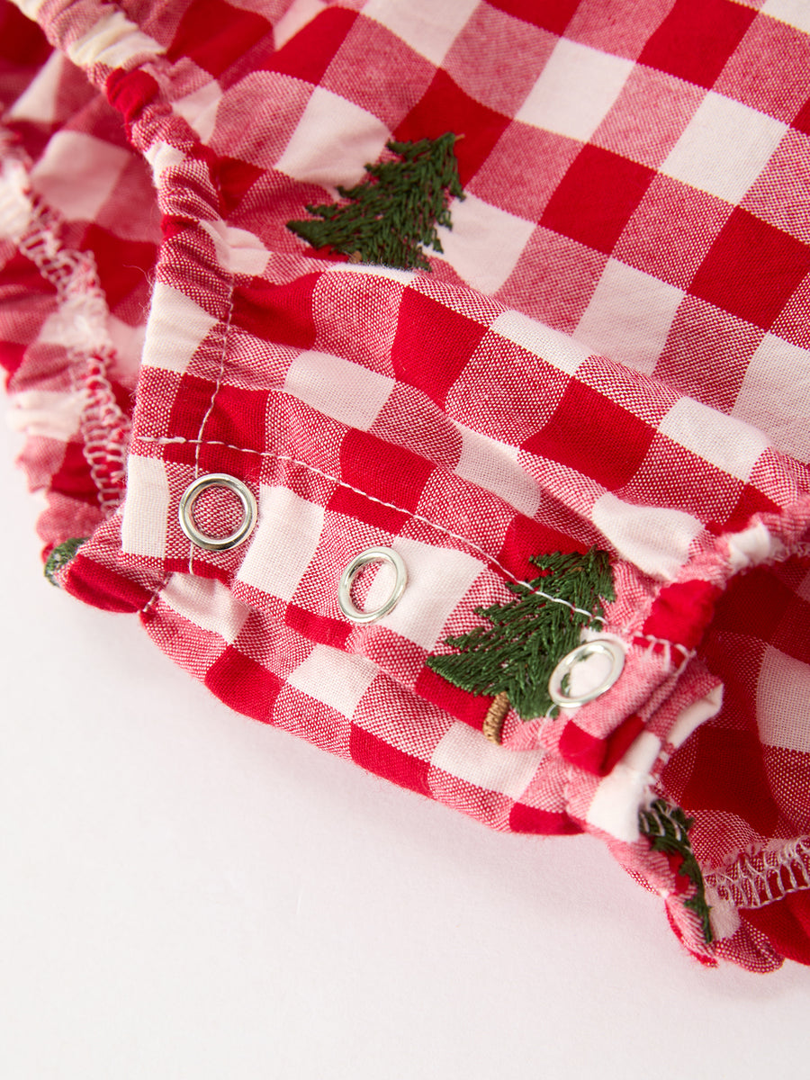Christmas Tree Embroidered Red Plaid Baby Girls Ruffle Collar Romper