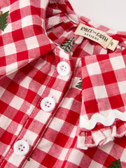 Christmas Tree Embroidered Plaid Girls Ruffle Collar Dress