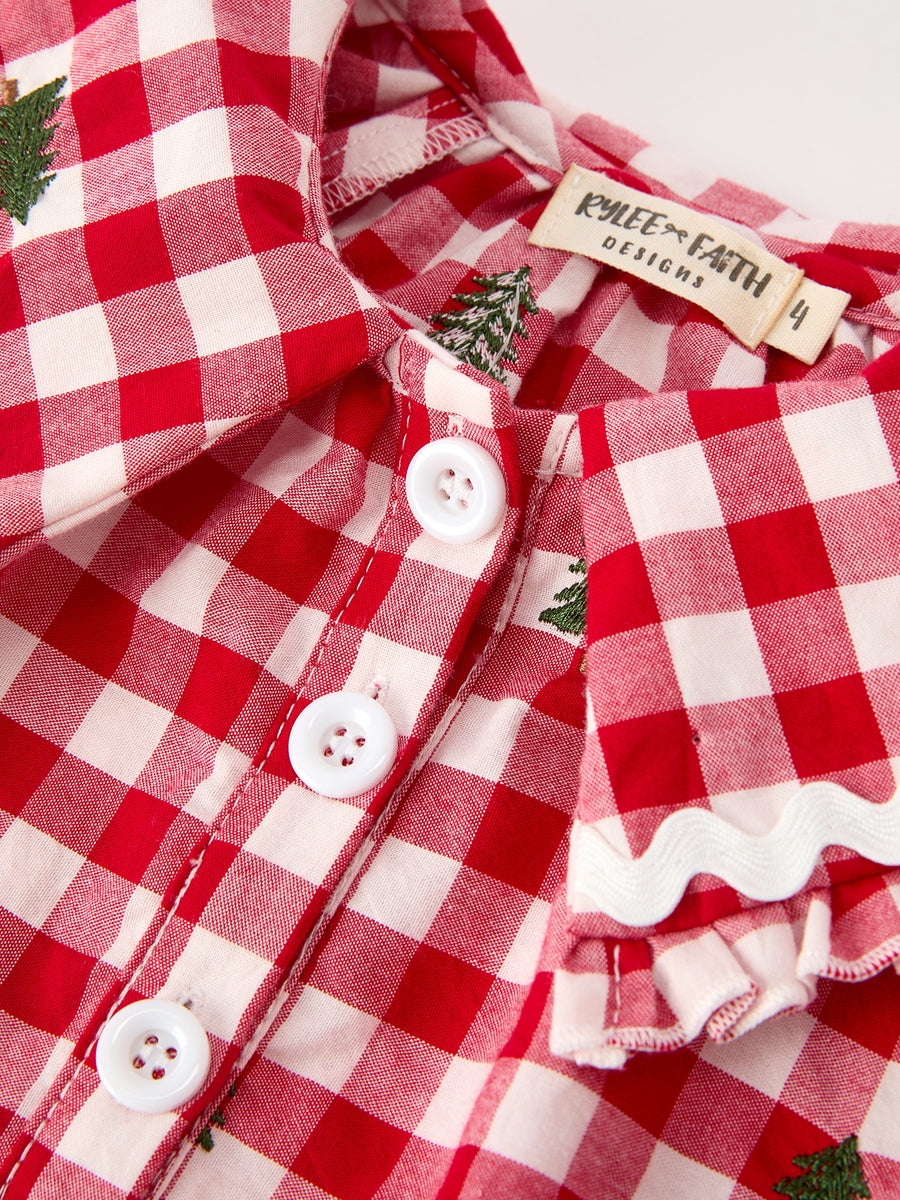 Christmas Tree Embroidered Plaid Girls Ruffle Collar Dress