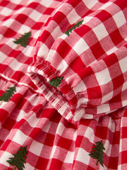 Christmas Tree Embroidered Plaid Girls Ruffle Collar Dress