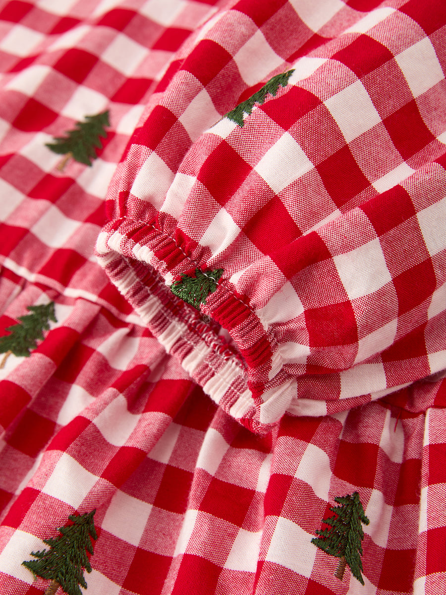 Christmas Tree Embroidered Plaid Girls Ruffle Collar Dress