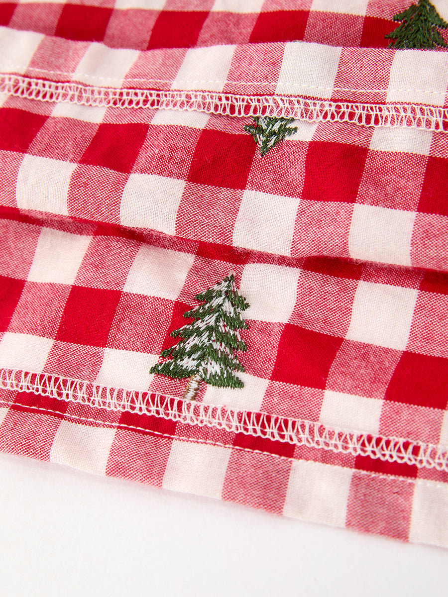 Christmas Tree Embroidered Plaid Girls Ruffle Collar Dress