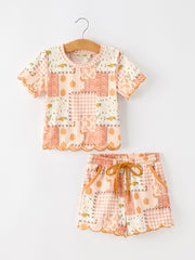 Thanksgiving Pumpkin Patchwork Girls Top And Shorts Outfit