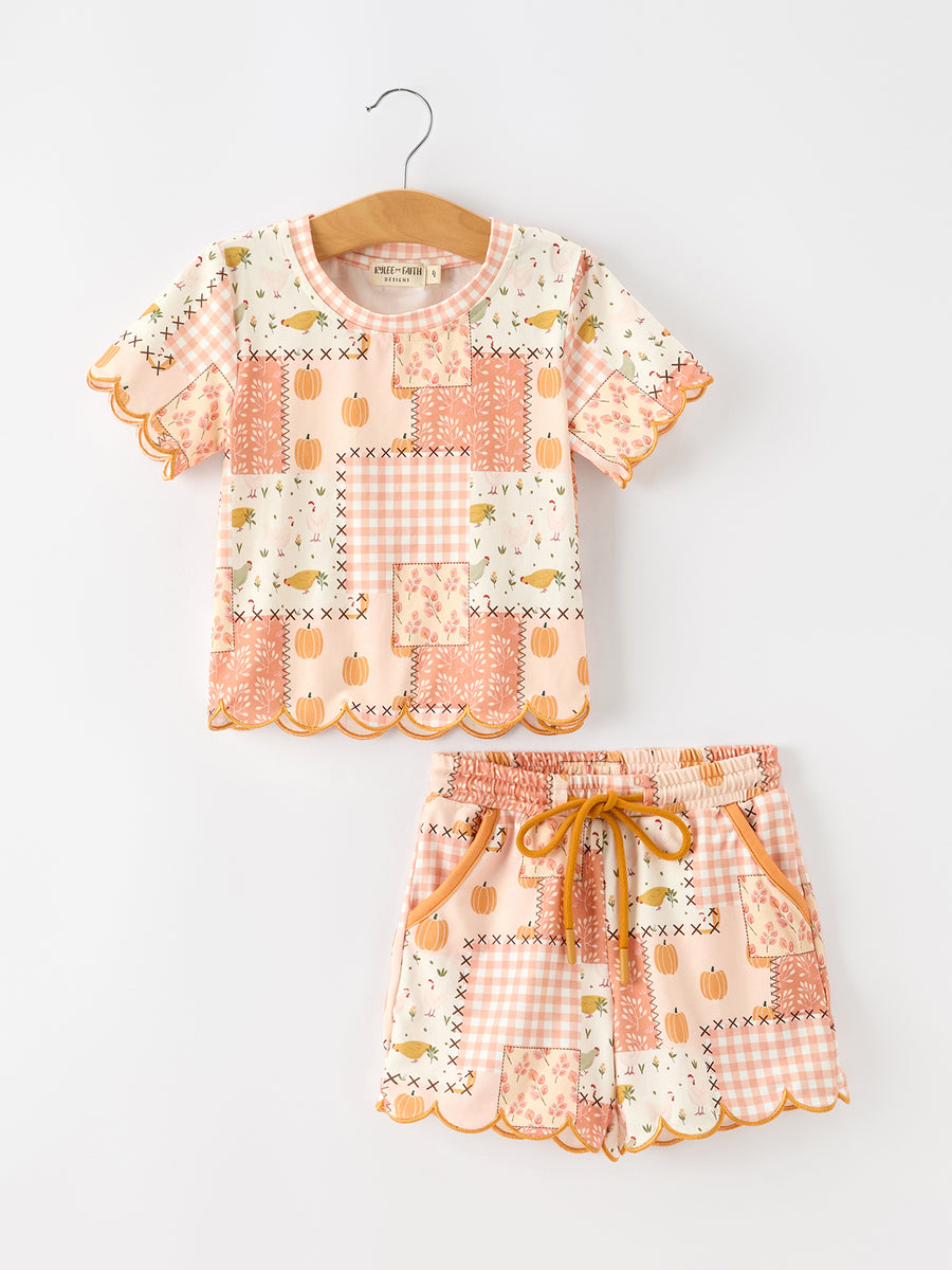Thanksgiving Pumpkin Patchwork Girls Top And Shorts Outfit