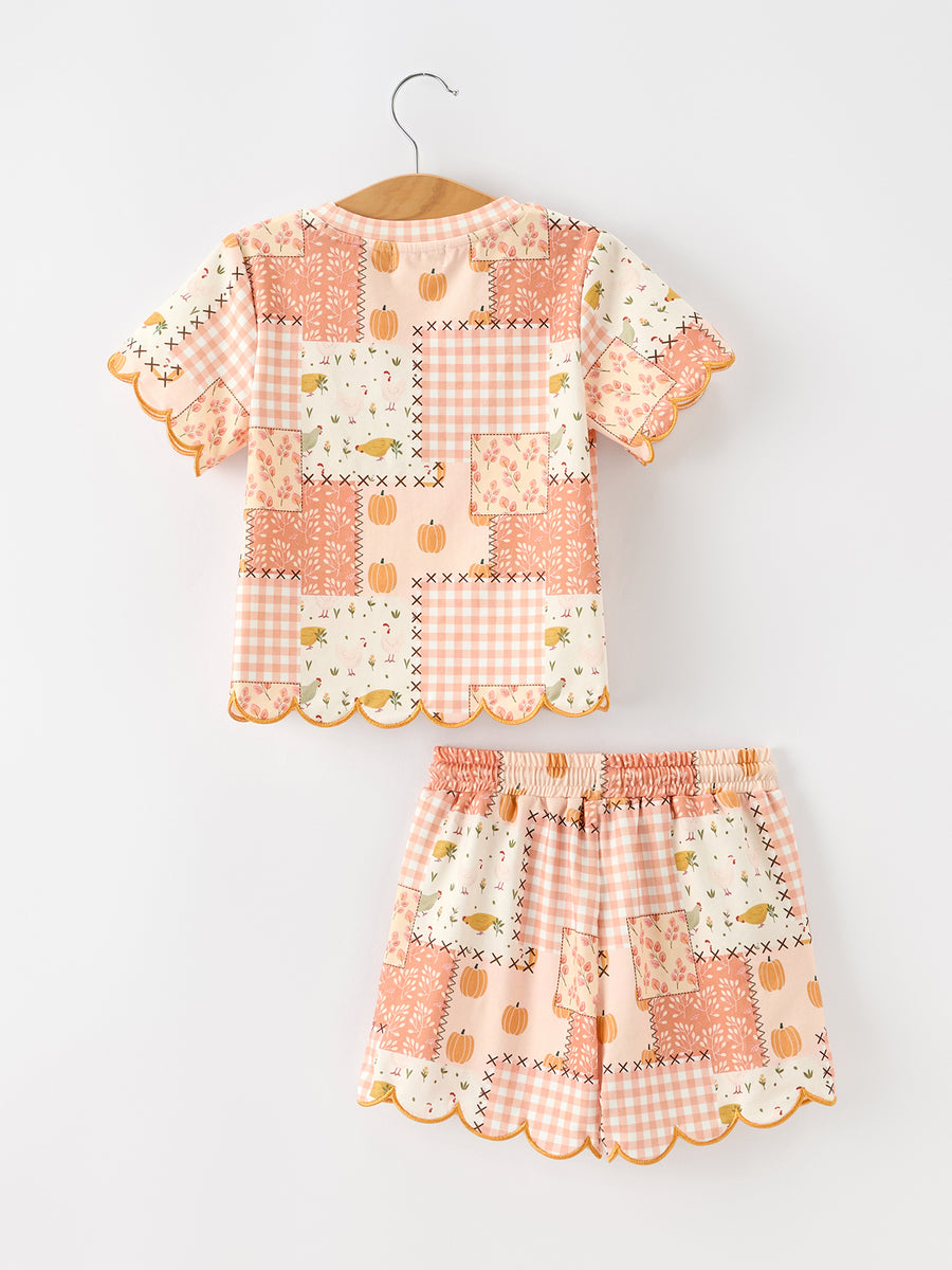 Thanksgiving Pumpkin Patchwork Girls Top And Shorts Outfit